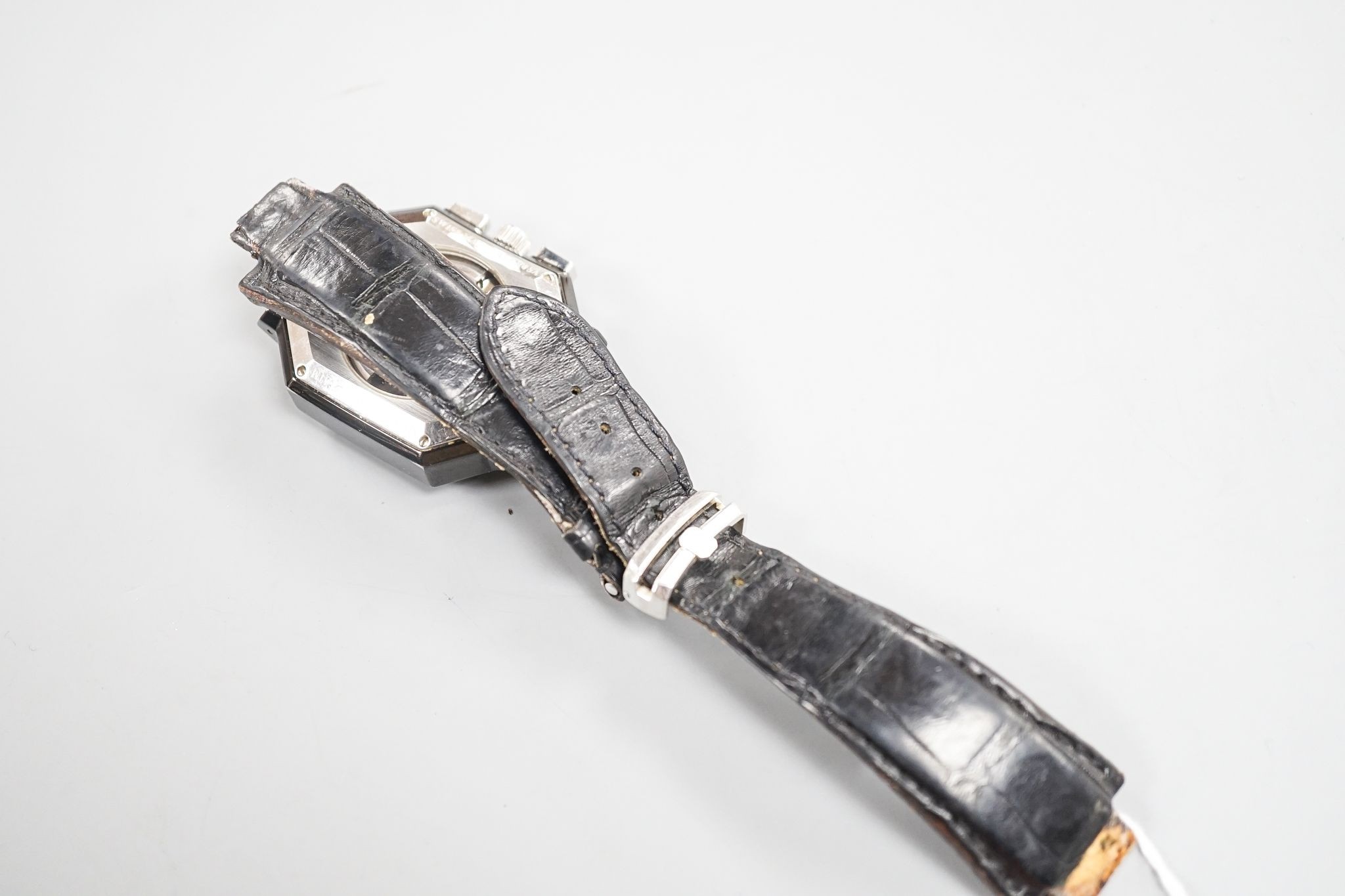 A gentleman's modern blackened stainless steel Swiss Repossi Chronograph automatic wrist watch, on a leather strap(a.f.), no box or papers, case diameter 39mm.